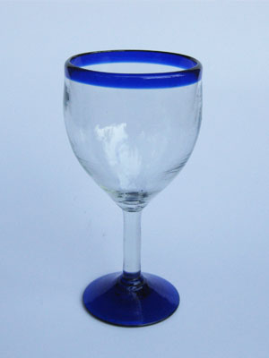 VIDRIO SOPLADO al Mayoreo / copas para vino con borde azul cobalto / Capture el aroma de un fino vino tinto con éstas copas decoradas con un borde azul cobalto.
